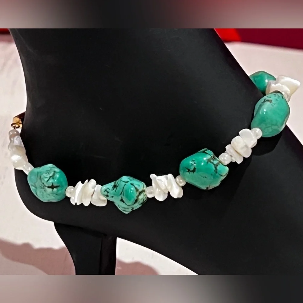 Green Turquoise and White Pearl Handmade Beaded Ankle Bracelet